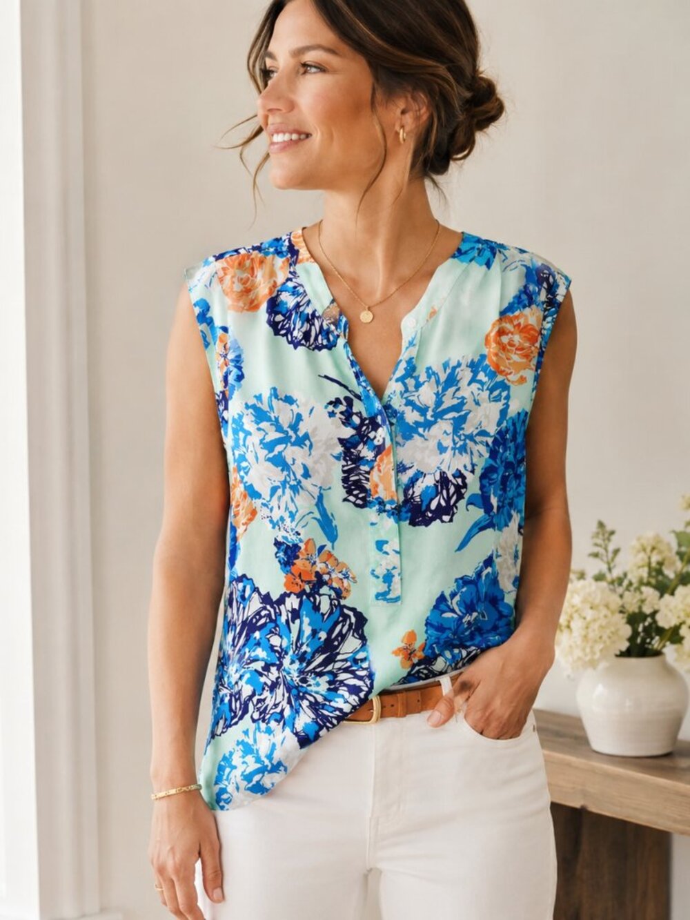 J.Crew Floral Sleeveless Shell Top Blue White Orange Mint Size 00 Office Coastal